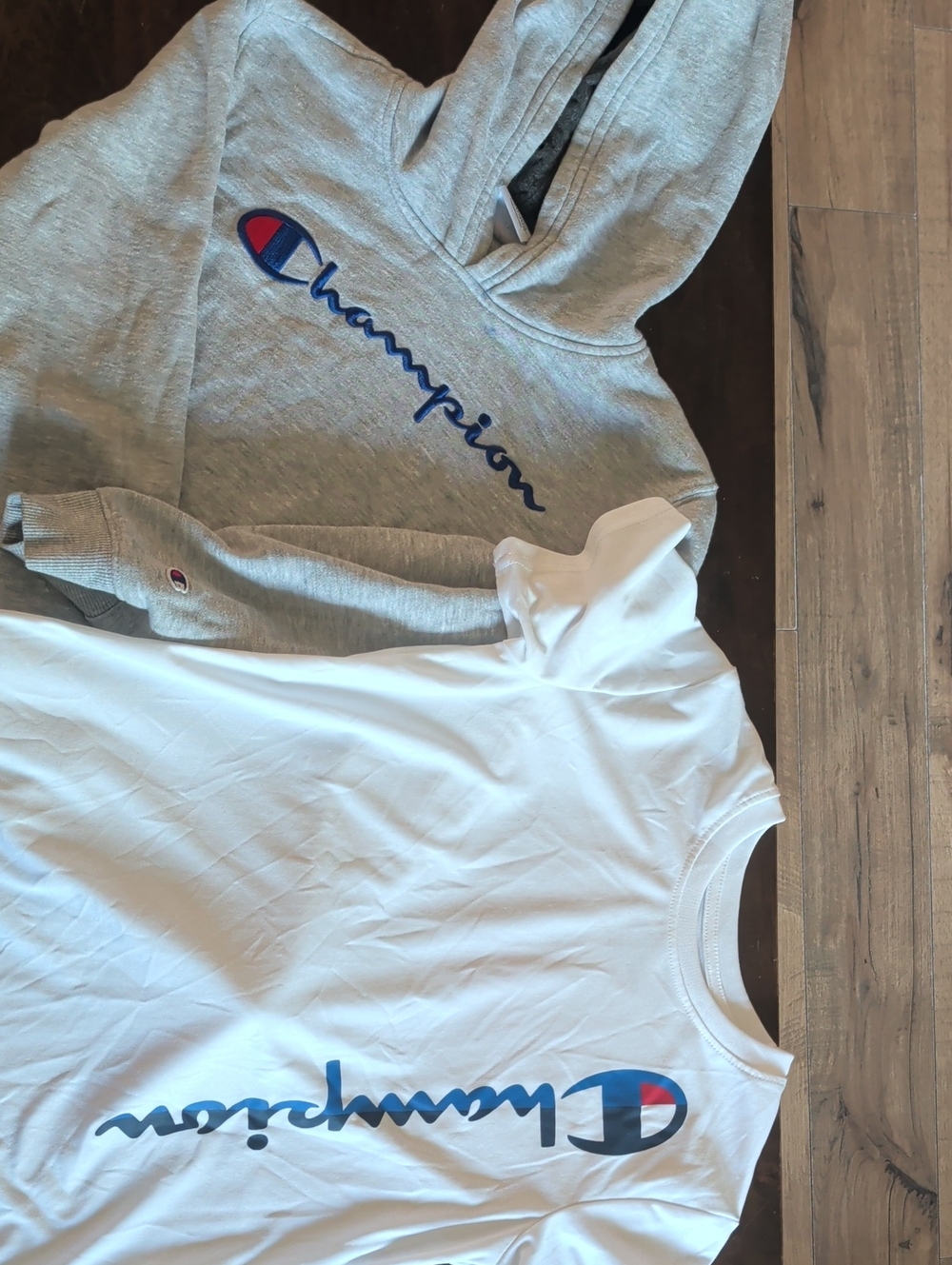 Champion Gray Hoodie and White Tee Set with Blue Logo